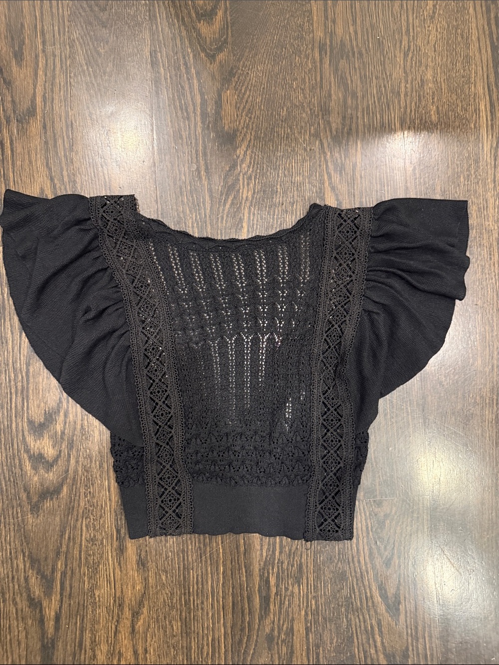 Zara Black Crochet Flutter-Sleeve Top